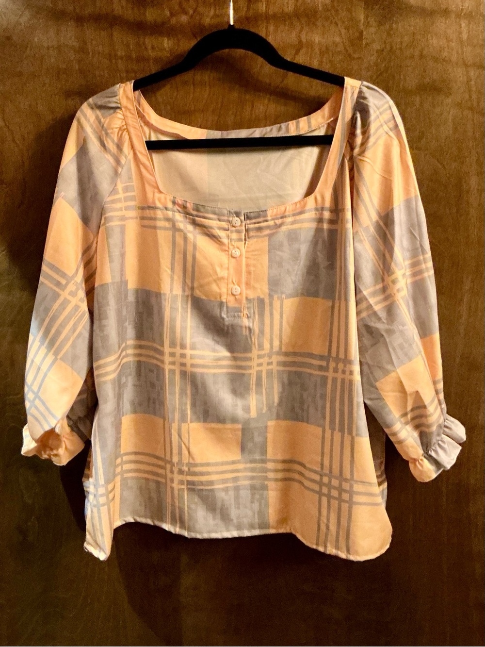 Plaid Square-Neck Blouse. Butter yellow and Gray